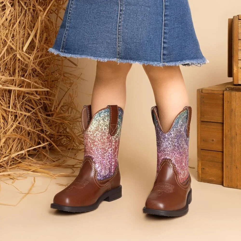 ⚡Girls Brown Multi Toddler Cowgirl Boot Western Square Toe Riding Mid Calf Boots